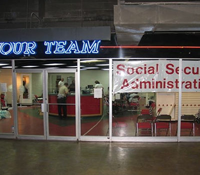 A makeshift Social Security office is open in the aftermath of the destruction