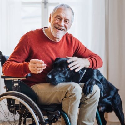 An elderly man sitting in a wheelchair while petting a dog.