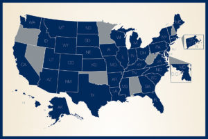 A graphic showing 43 states and DC where you can replace your Social Security Card via Online Services