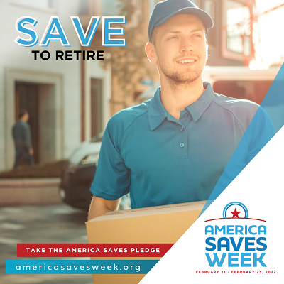young man holding a box with America Saves Week logo