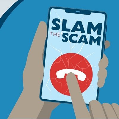 vector of person hanging up on a scam call on their cell phone