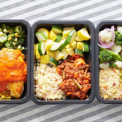 A photo of three healthy meals prepped for a later time.