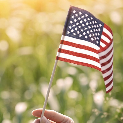 Small American flag held in front of a field